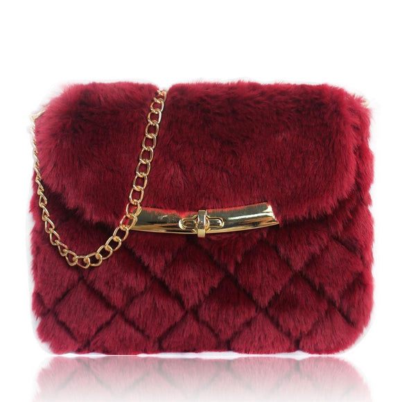 Front view burgundy Quilted Fluffy Crossbody Bag