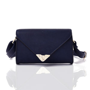 Front view blue Embroidered Envelope Style Crossbody Bag