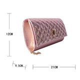 Side view pink Eleanor Quilted Shimmer Crossbody Bag with measurements
