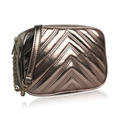 Side view gold Quilted Chevron Pouch Bag