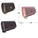 Collection of Eleanor Quilted Shimmer Crossbody Bags with measurements