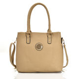Front view beige Connie Metal Badge Tote Bag